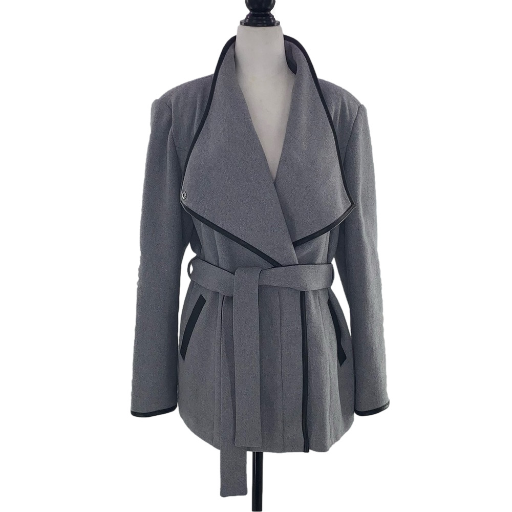 VERO MODA Asymmetrical Grey Trench Coat with Black Trim - Size Large